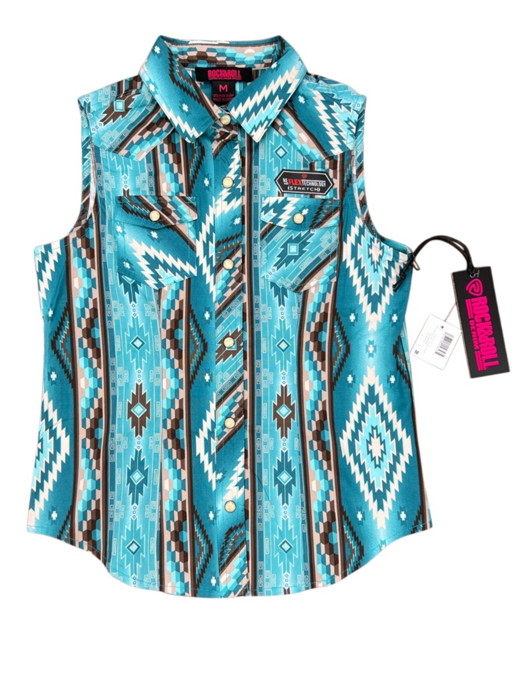 Rock & Roll Denim Turquoise Aztec Sleeveless Western Snap Shirt Medium NWT